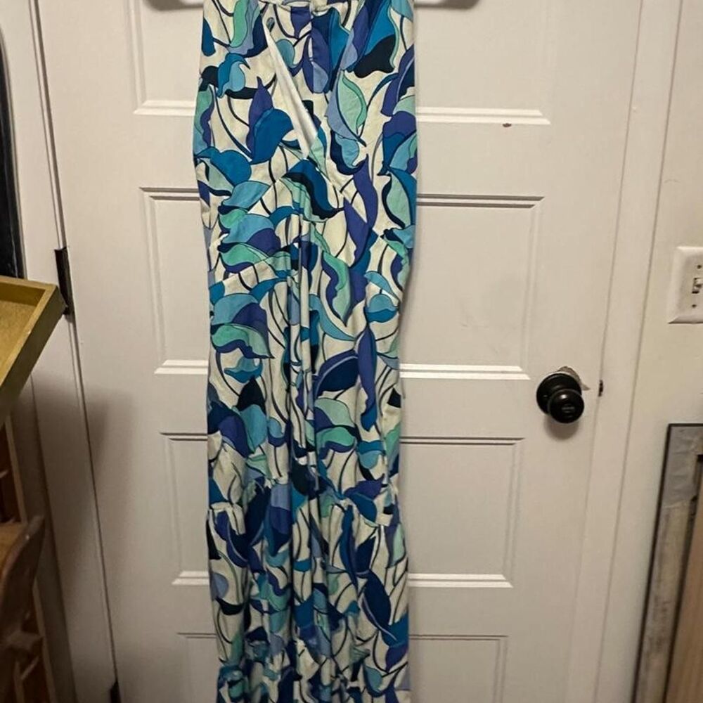 London-times size 14 multi blue leaf tropical beach maxi dress